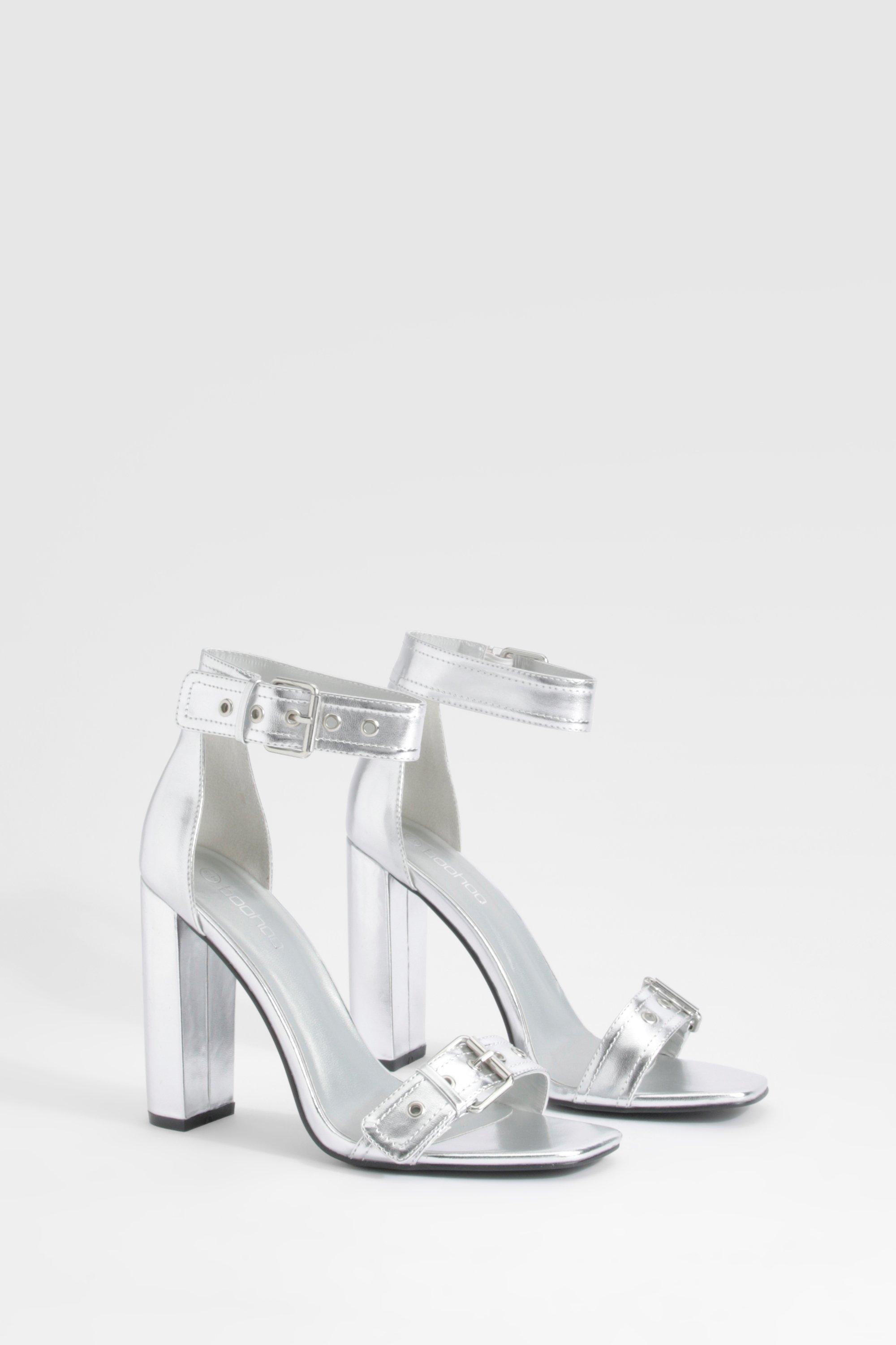 Ladies silver block heel shoes best sale