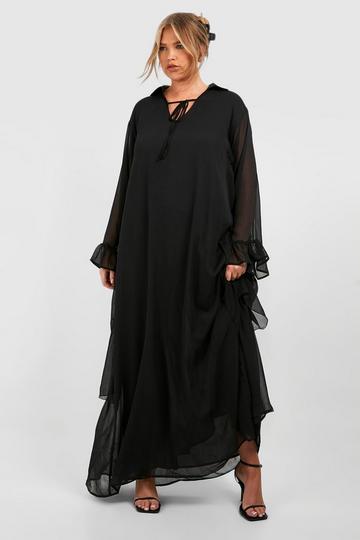 Plus Geweven Maxi Jurk Met Ruches En Strik black