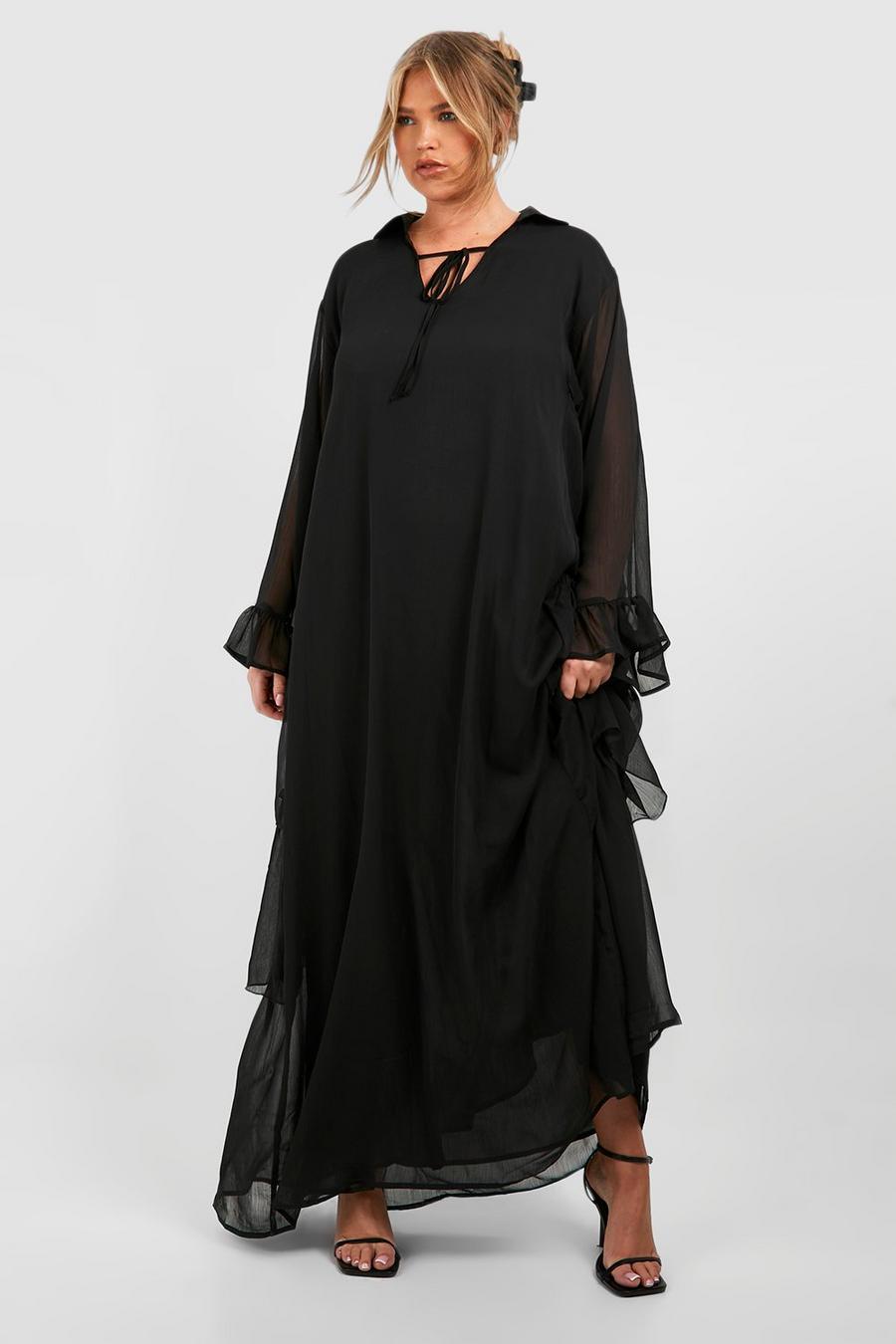 Vestito maxi Plus Size con arricciature e laccetti, Black