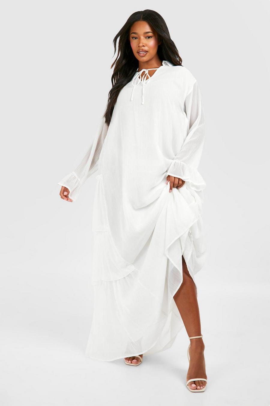 Cream Plus Woven Ruffle Tie Detail Maxi Dress  image number 1