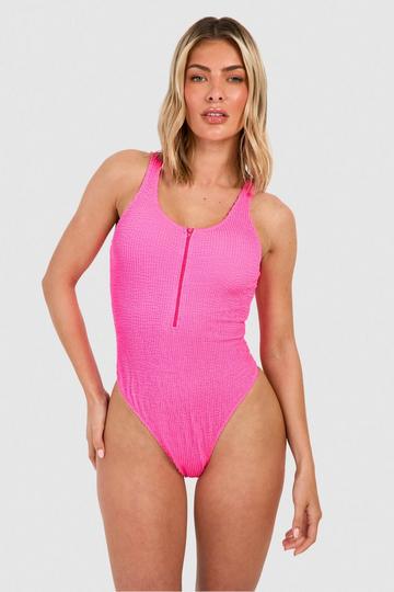 Crinkle Zip Up Scoop Swimsuit neon-pink