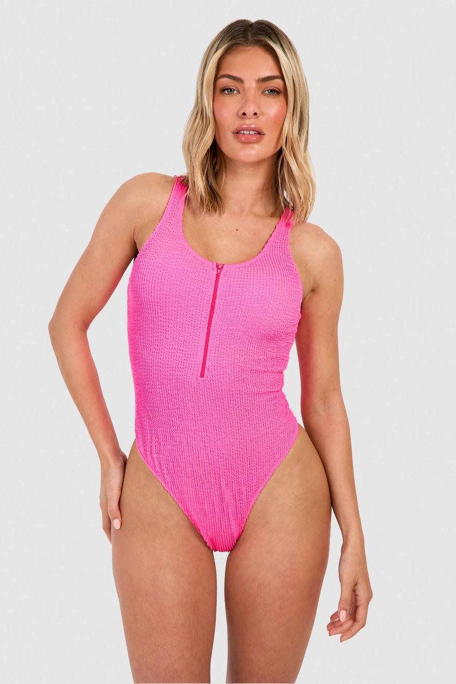 Neon-pink Crinkle Zip Up Scoop Swimsuit