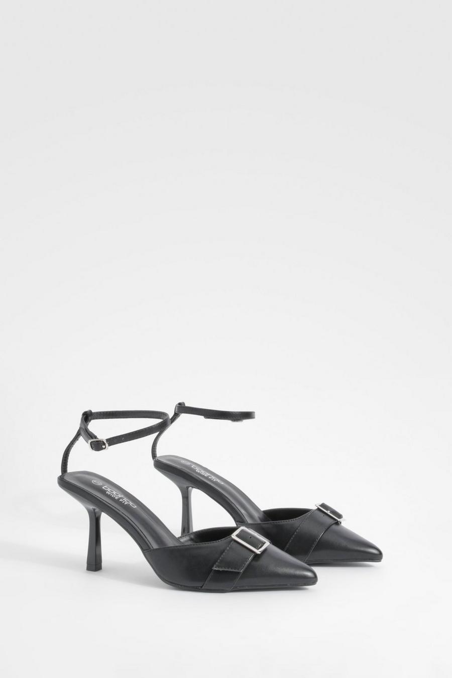 Black Wide Fit Buckle Detail Court Shoes image number 1