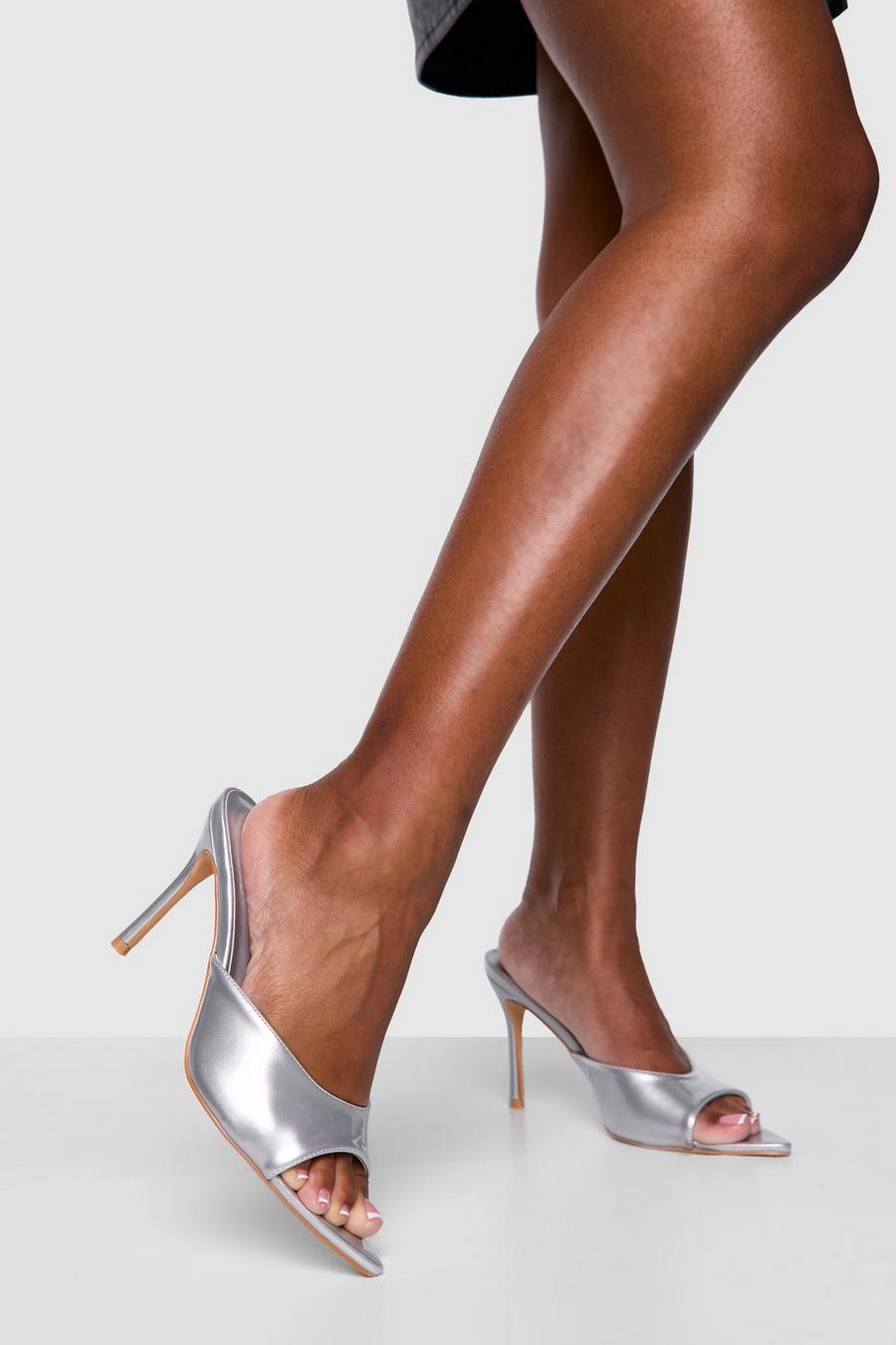 Silver Wide Fit Patent Pointed Toe Heeled Mules  image number 1
