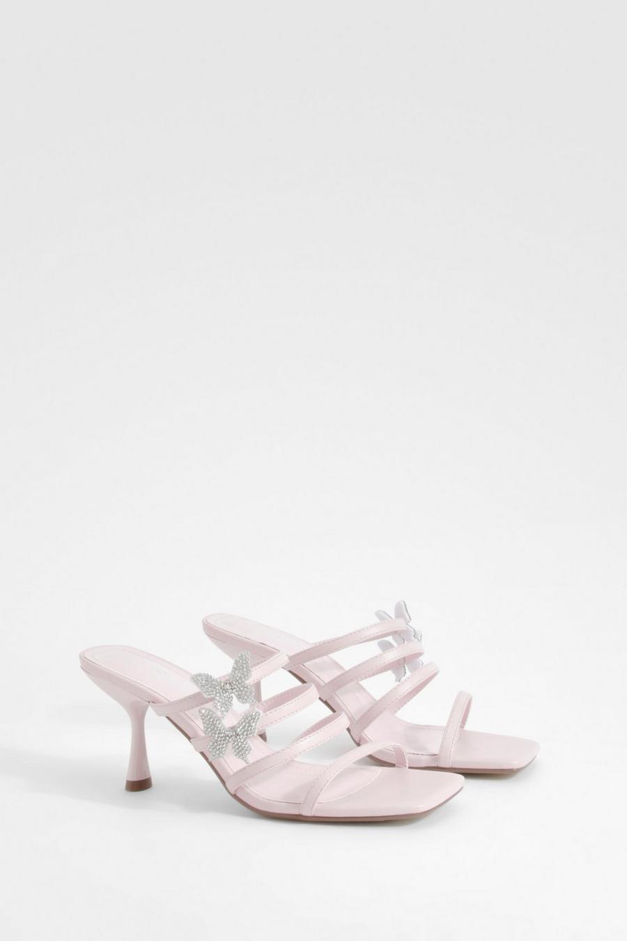 Pink Butterfly Embellished Multi Strap Heeled Mules  