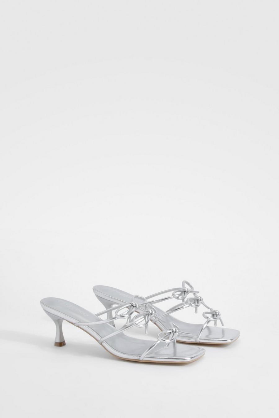 Silver Wide Fit Bow Detail Low Heeled Mules 