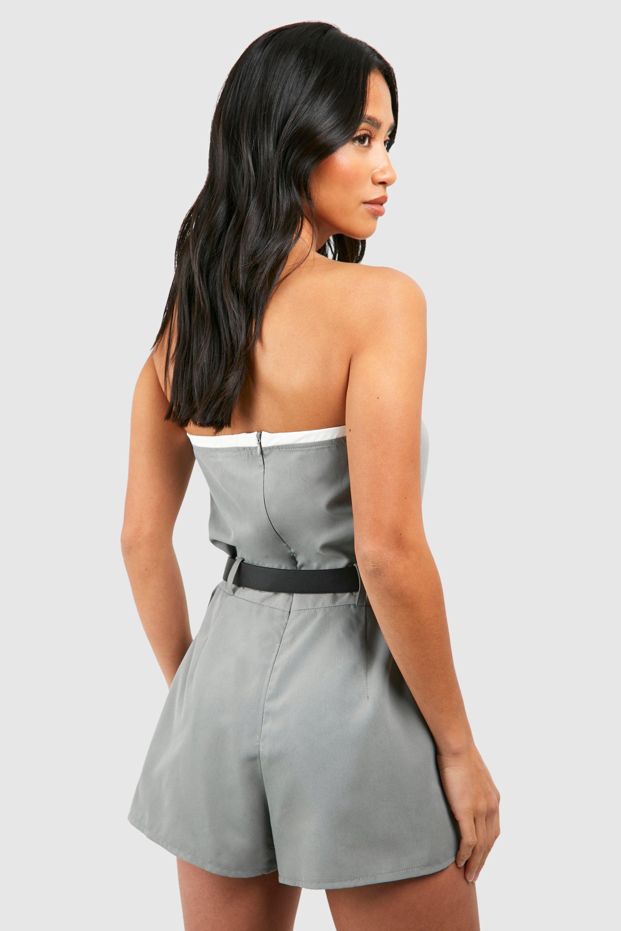 Boohoo Women s Petite Contrast Trim Belt Detail Playsuit