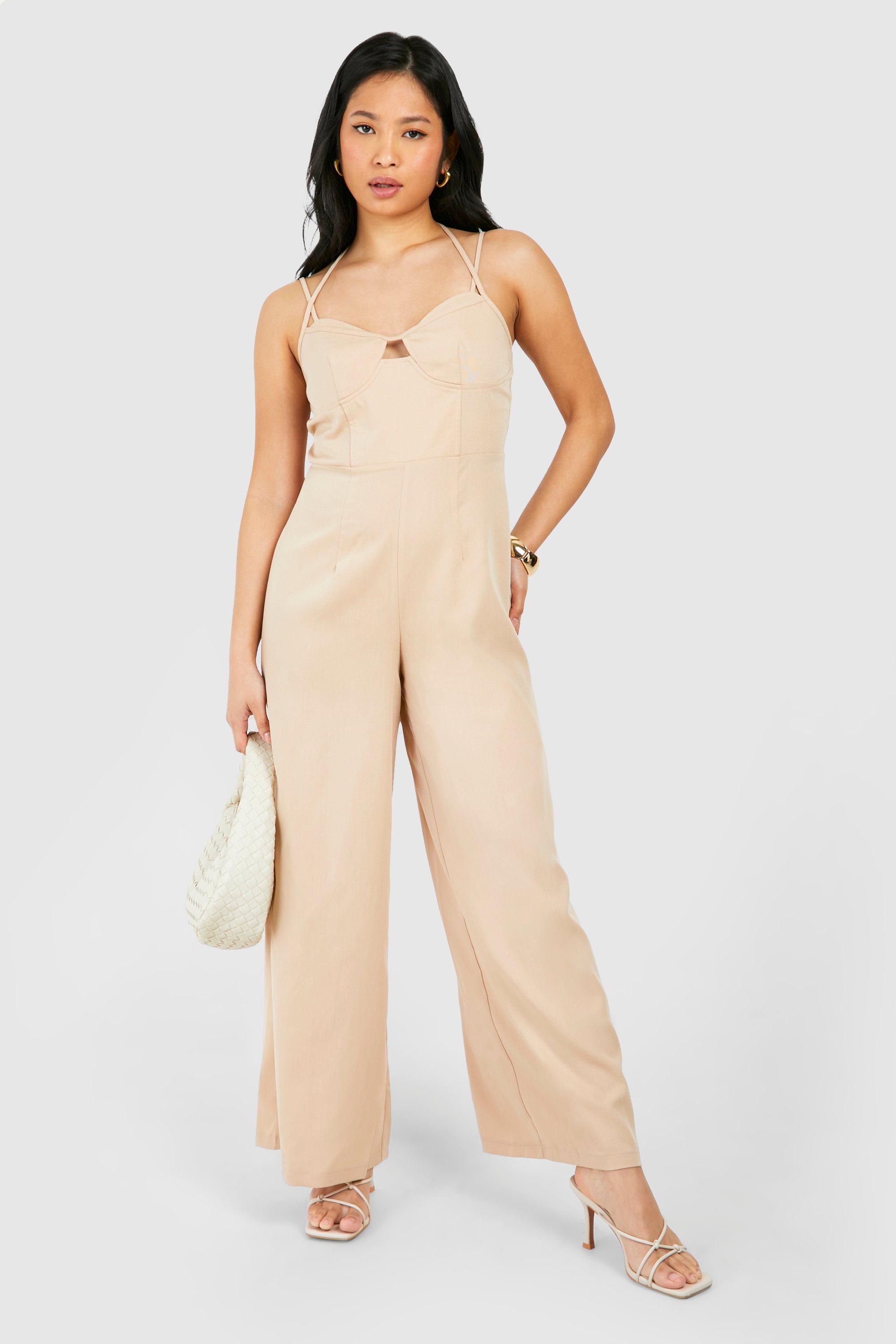 boohoo Petite Strap Detail Wide Leg Jumpsuit Beige Size 6