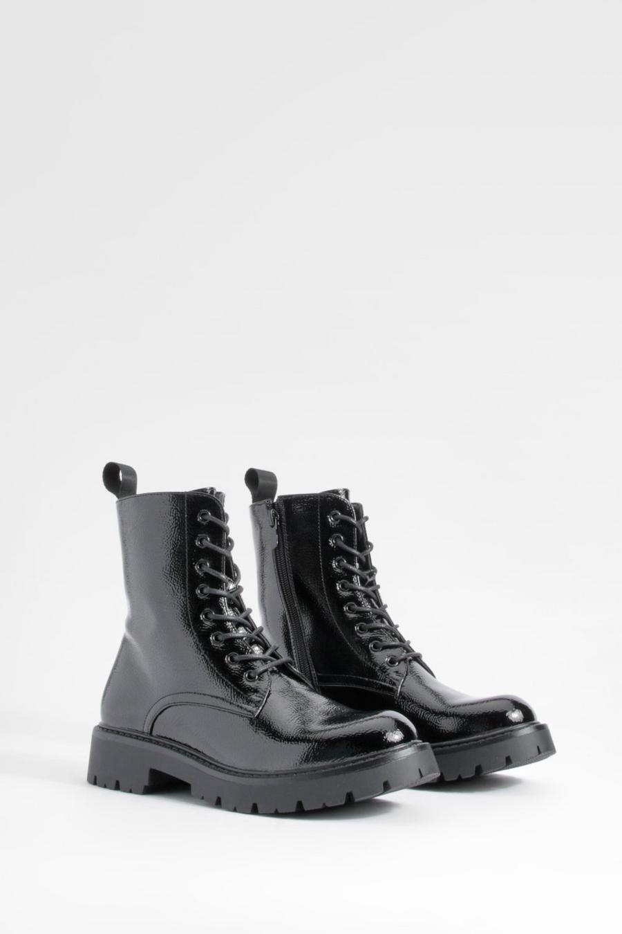 Black svart Chunky Patent Lace Up Hiker Boots    