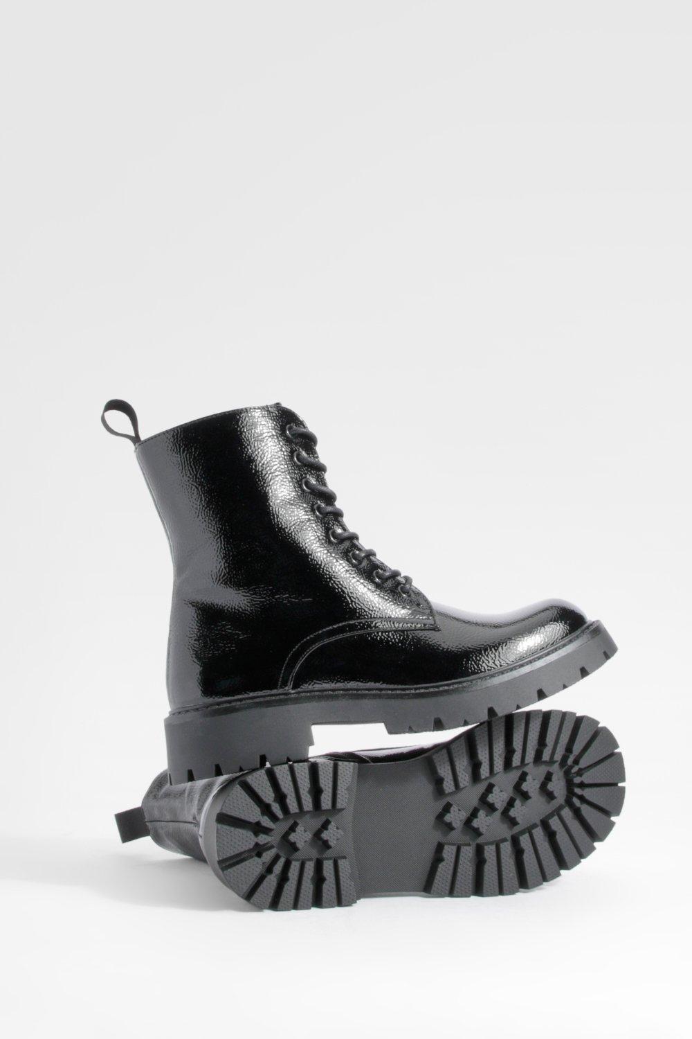 Chunky patent outlet boots