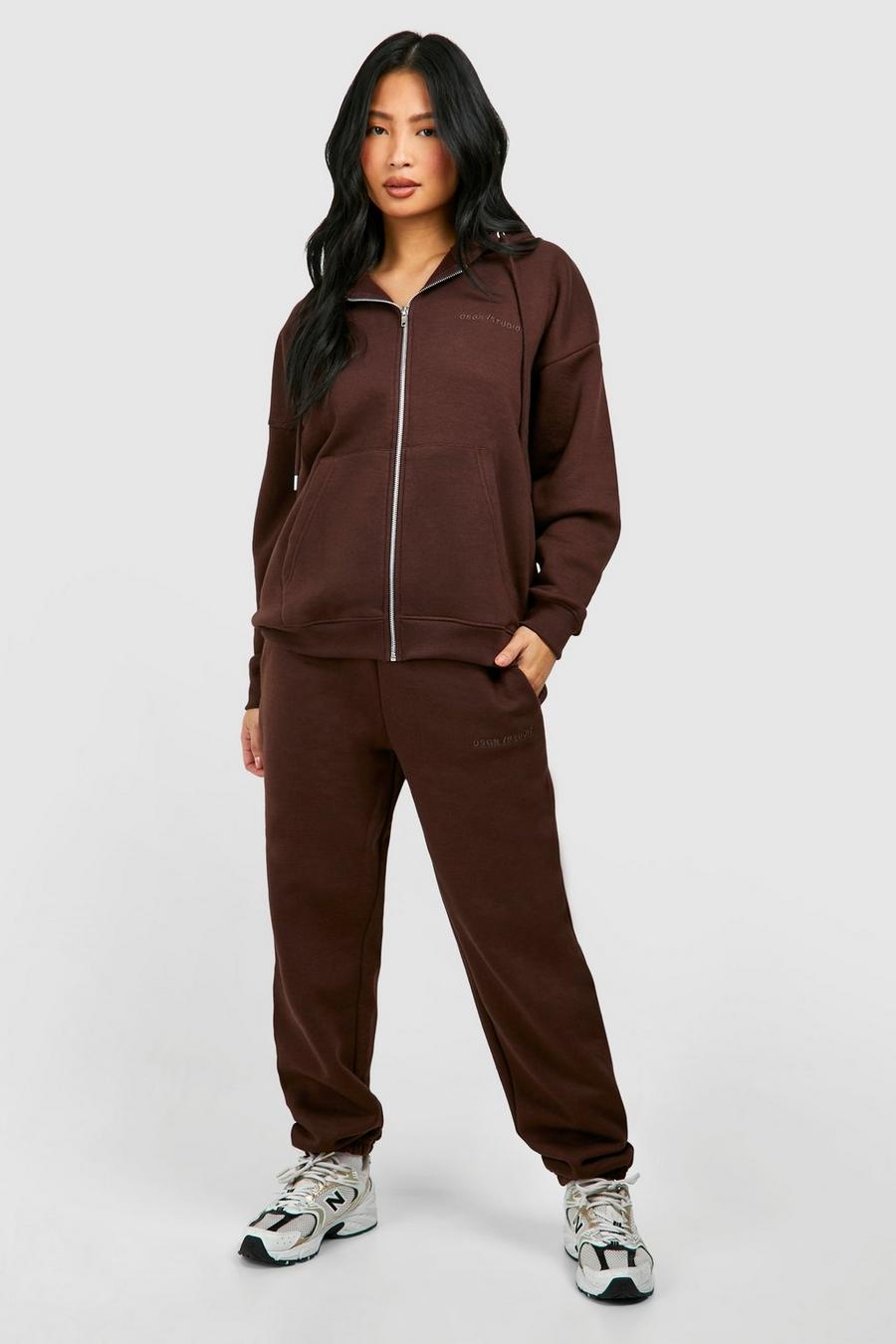 Chocolate Petite Zip Through Hooded Wide Leg Tracksuit          image number 1