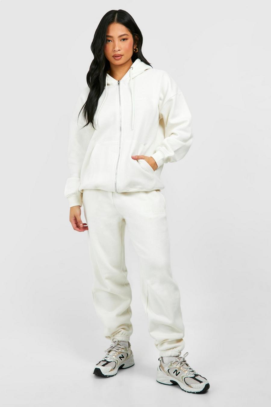 Ecru Petite Zip Through Hooded Wide Leg Tracksuit         