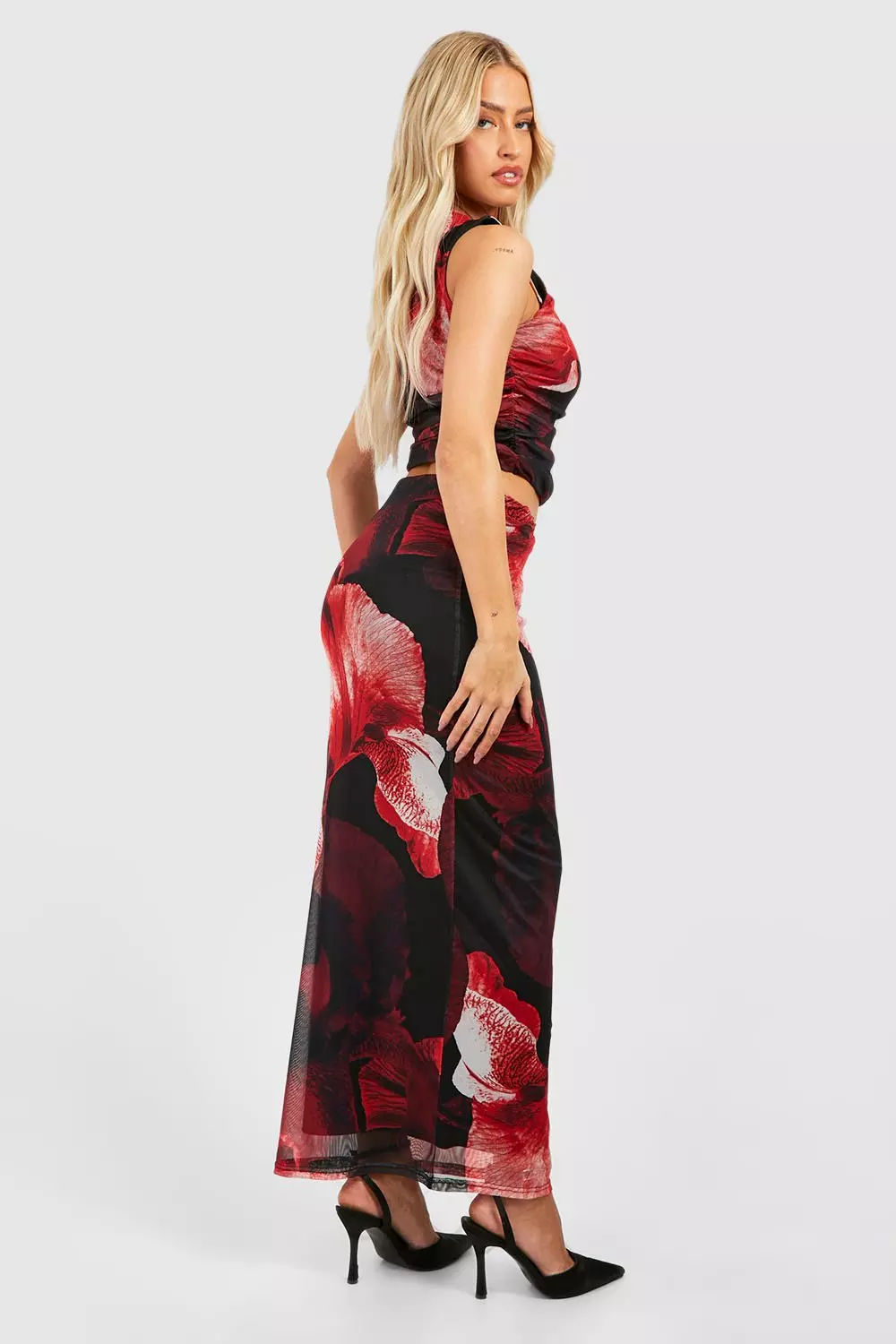 Cherry Floral Mesh Column Maxi Skirt alternative image