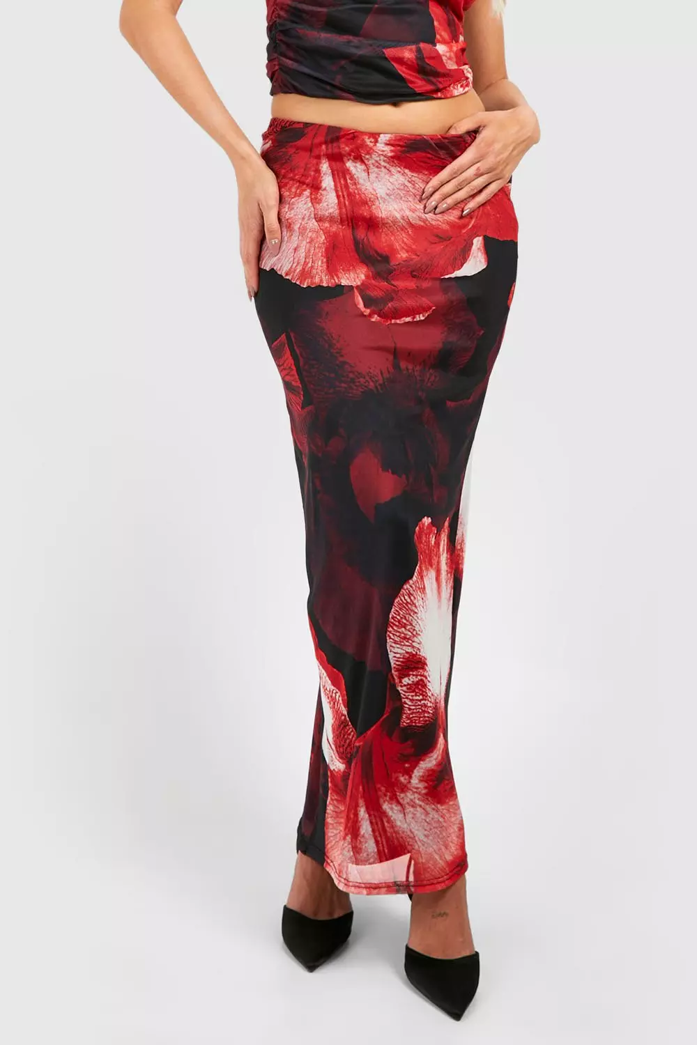 Cherry Floral Mesh Column Maxi Skirt alternative image