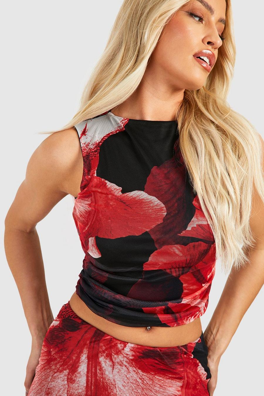 Cherry Floral Mesh Ruched Front Top image number 1