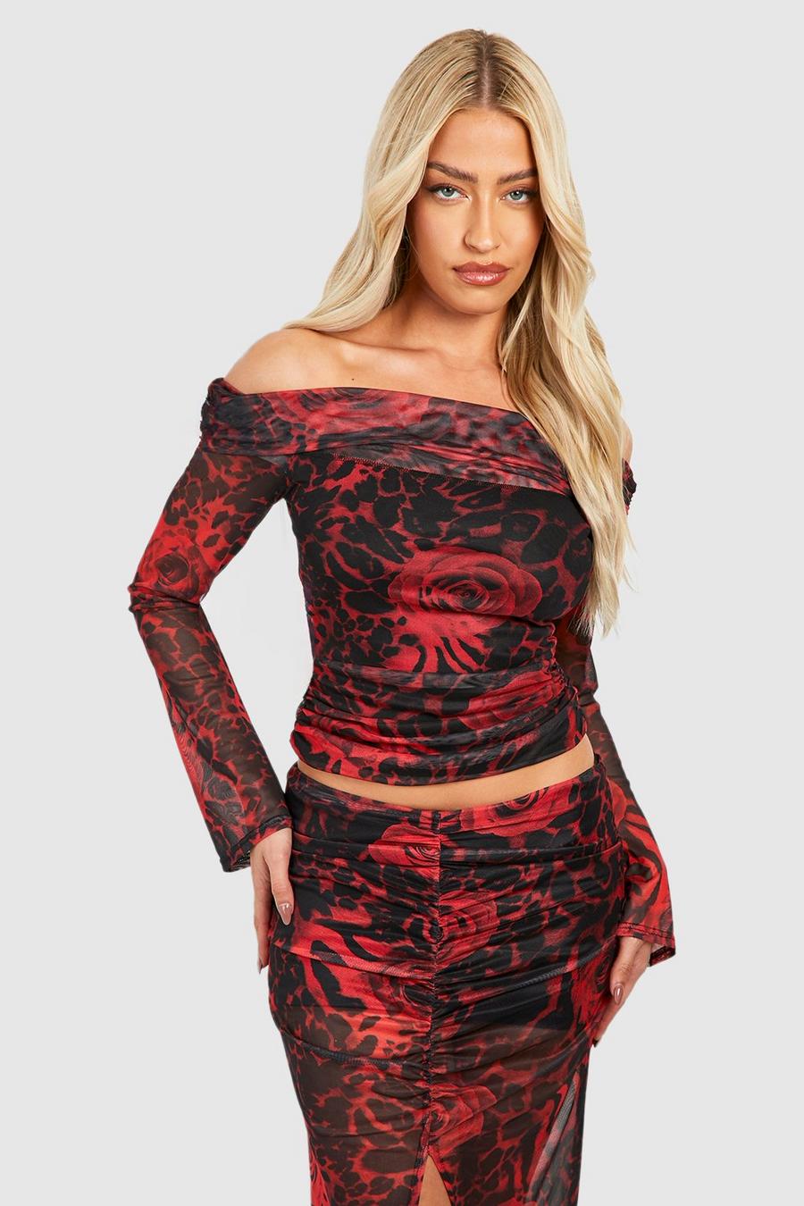 Cherry red Mixed Print Mesh Long Sleeved Mesh Off The Shoulder