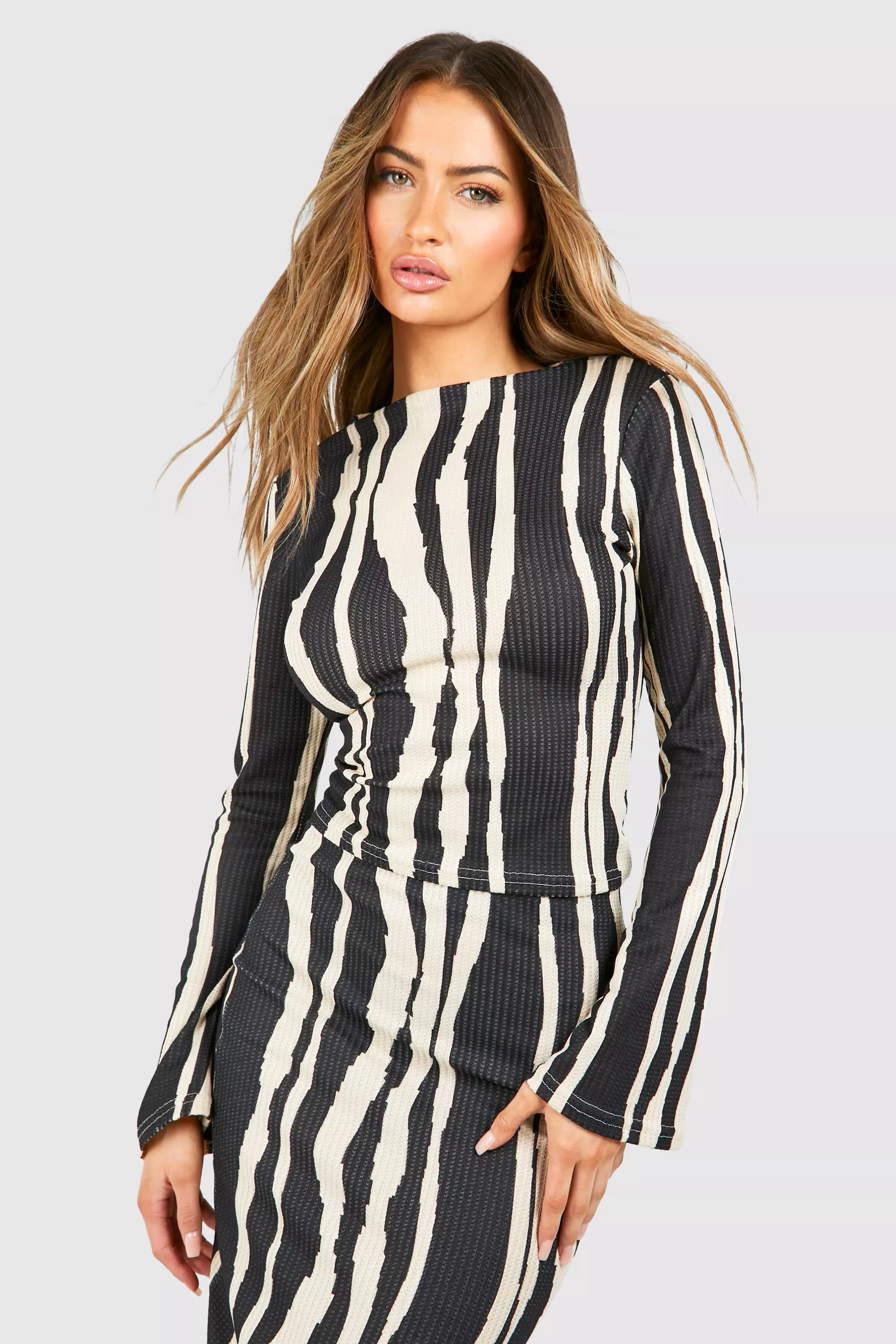 Black Textured Zebra Print Flared Sleeve Top alternative image