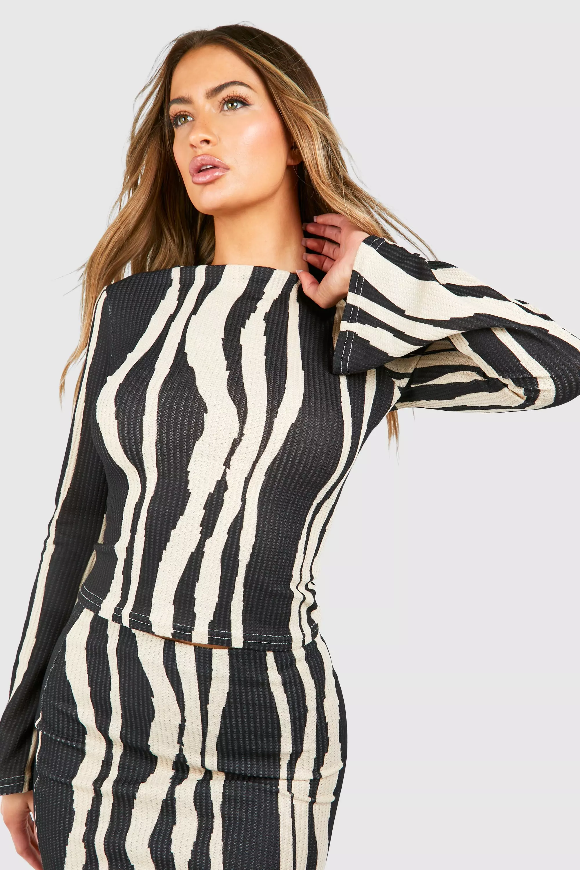 Black Textured Zebra Print Flared Sleeve Top alternative image