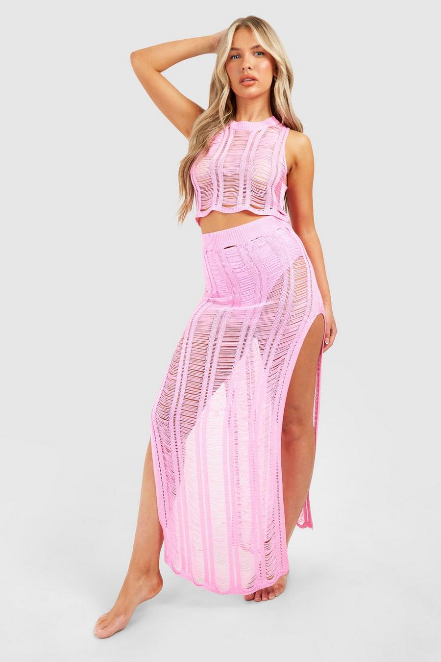 Pink Ladder Knit Crochet Top & Skirt Beach Co-ord image number 1