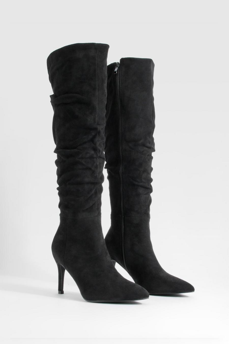 Black Ruched Stiletto Knee High Boots 