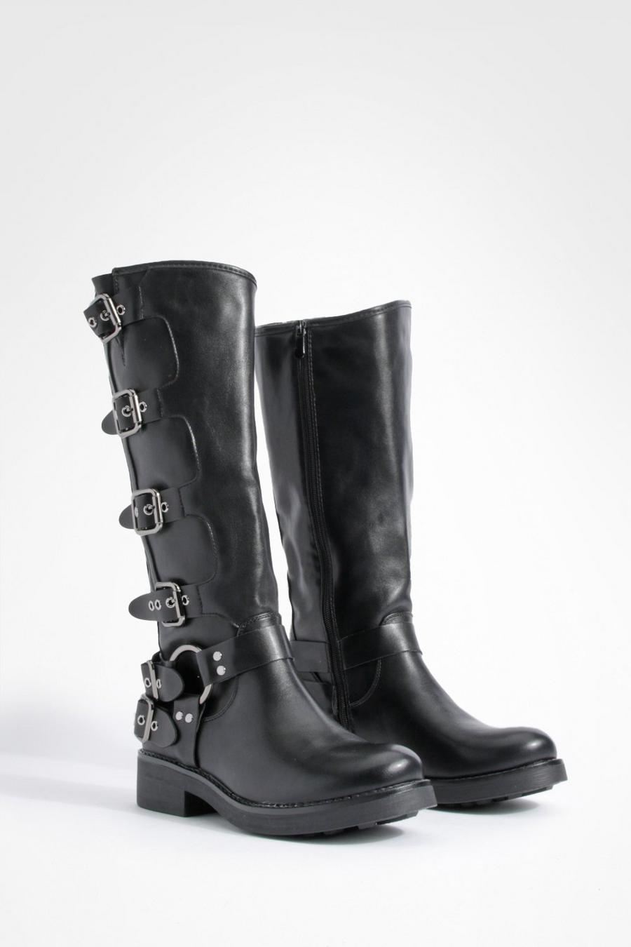 Black Chunky Harness Buckle Biker Boots image number 1