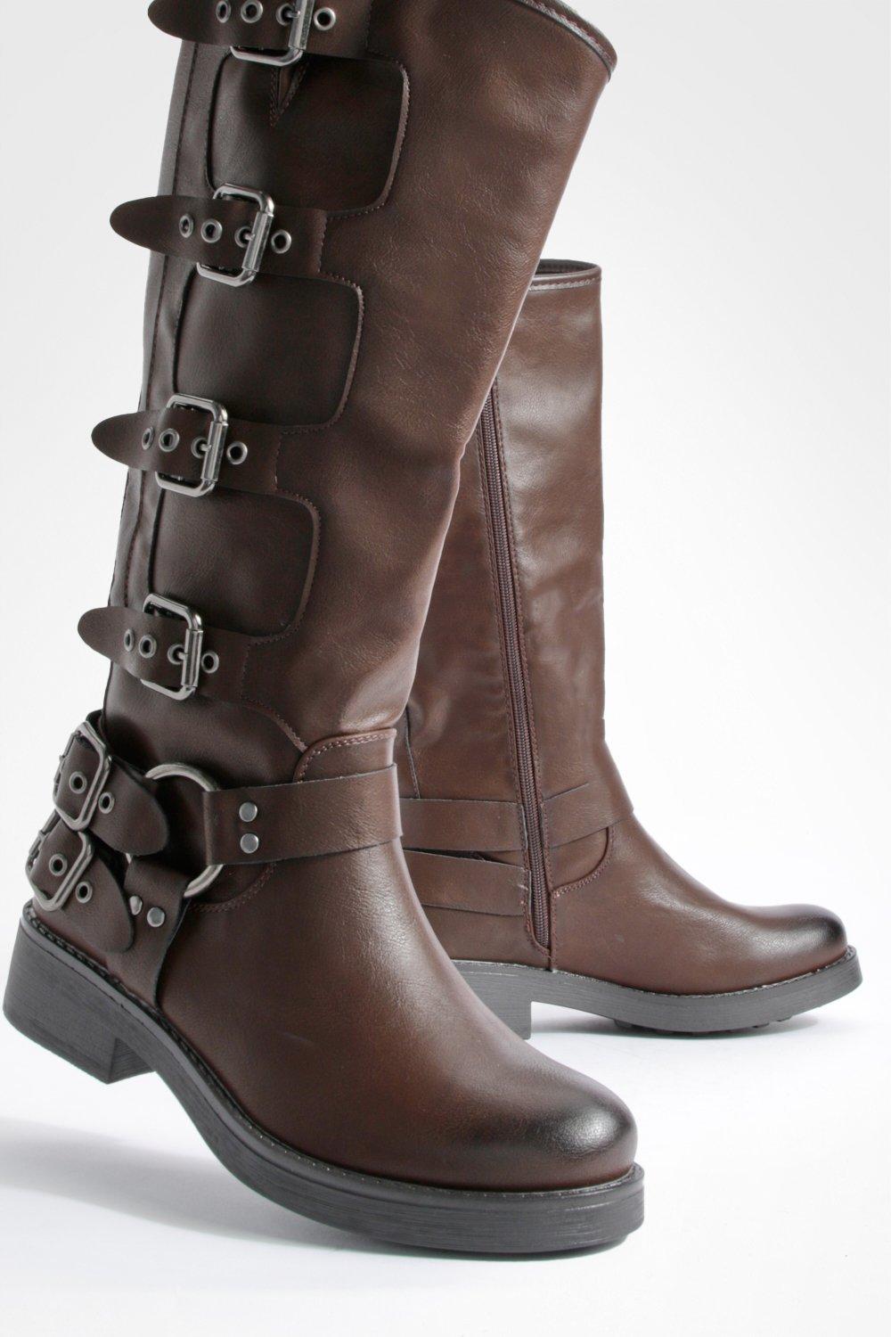 Chunky Harness Buckle Biker Boots | boohoo CA