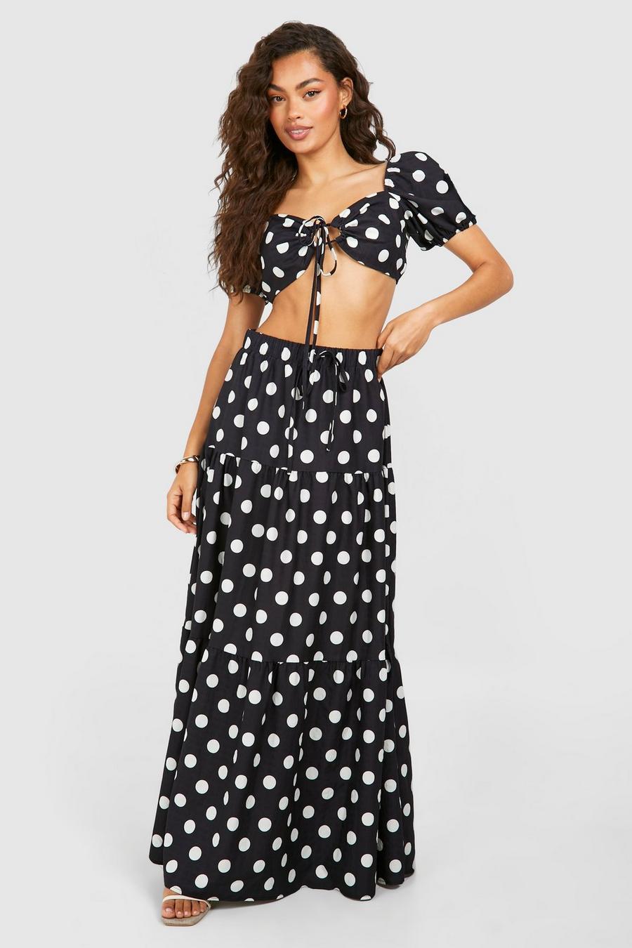Black Polka Dot Textured Puff Sleeve Bralette & Tiered Maxi Skirt image number 1