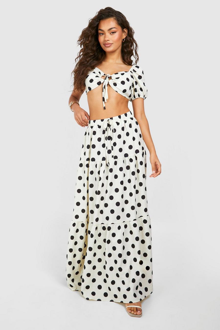 Ivory Polka Dot Textured Puff Sleeve Bralette & Tiered Maxi Skirt image number 1