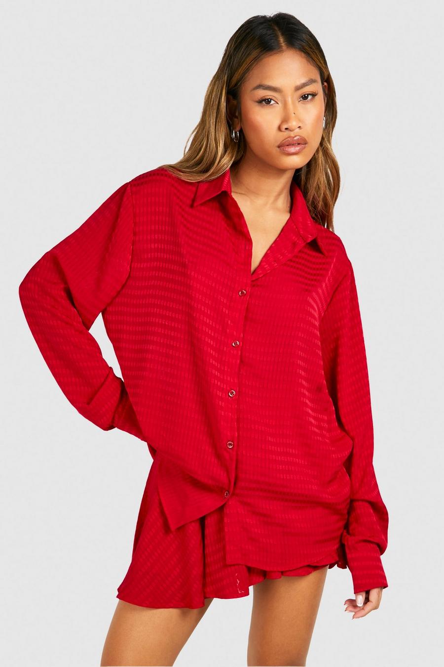 Cherry Baggy Overhemd Met Textuur En Wijde Shorts