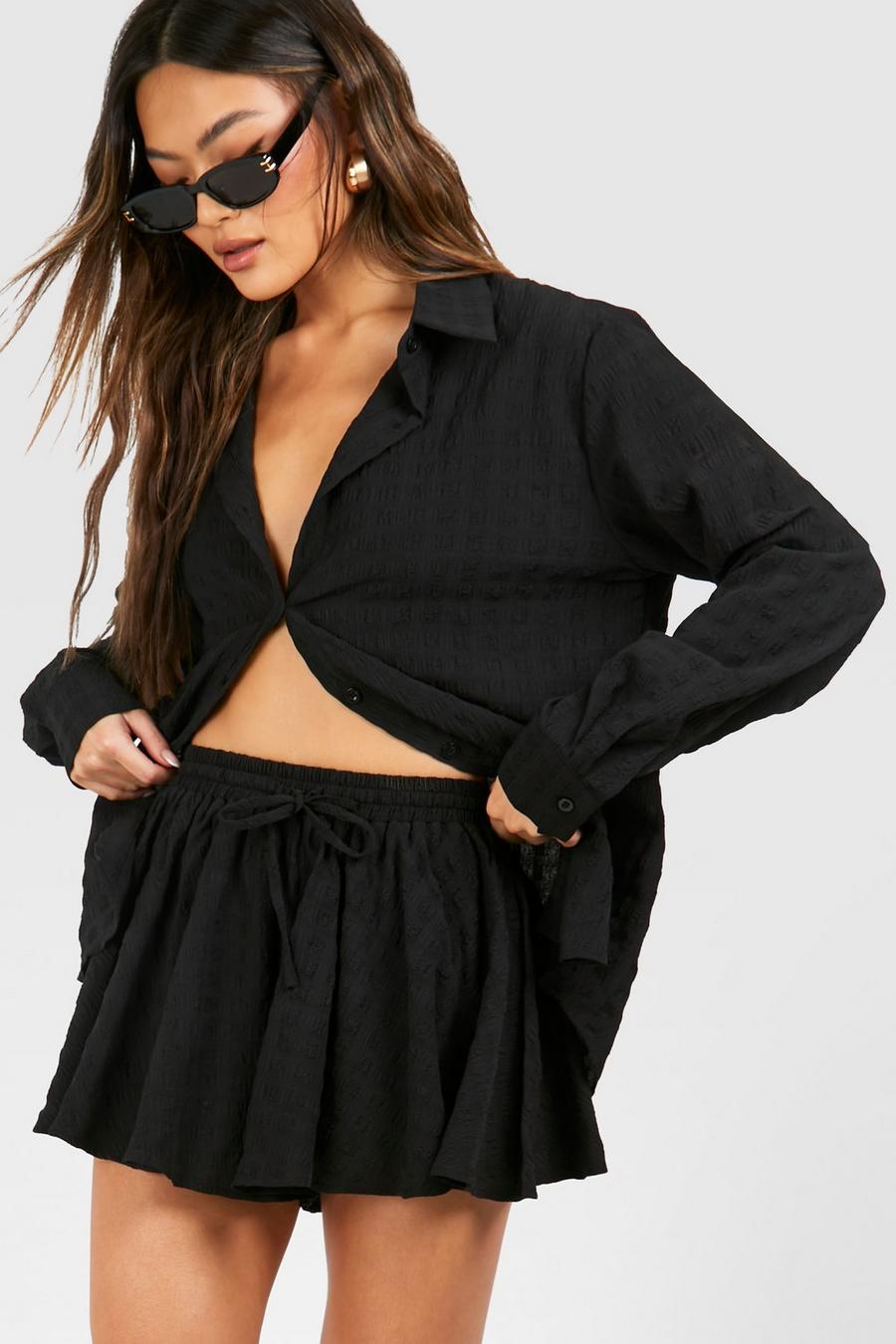 Black Textured Relaxed Fit Shirt & Flared Shorts