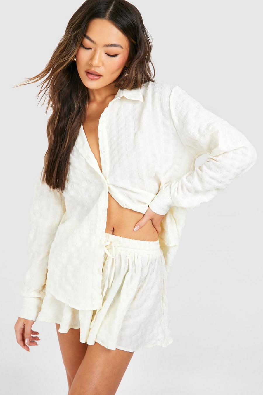 Cream Textured Relaxed Fit Shirt & Flared Shorts image number 1