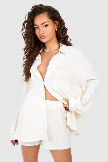 Cream White Crinkle Textured Relaxed Fit Shirt & Shorts