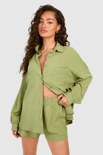 Crinkle Textured Relaxed Fit Shirt & Shorts olive