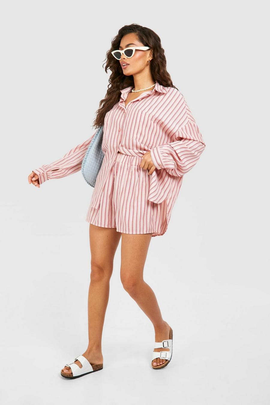 Ensemble rayé avec chemise oversize et short, Pink