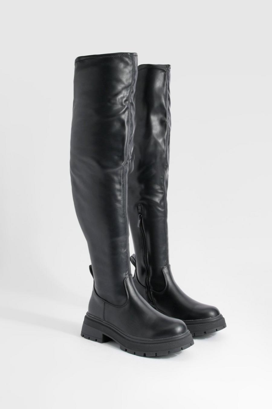 Black Chunky Sole Buckle Knee High Boots 