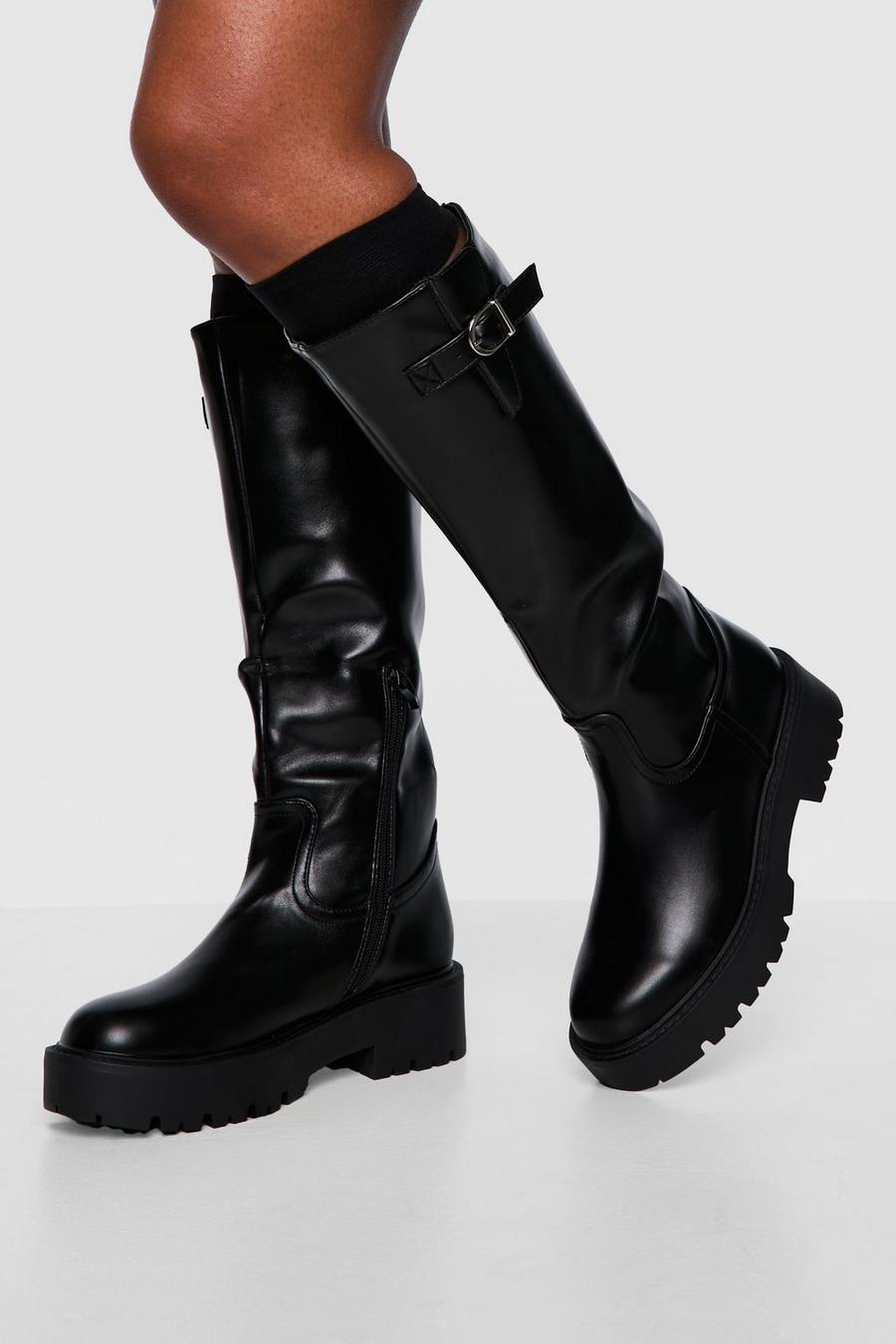 Black Chunky Sole Buckle Knee High Boots