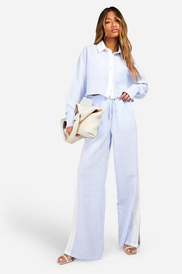 Crinkle Contrast Stripe Wide Leg Pants blue