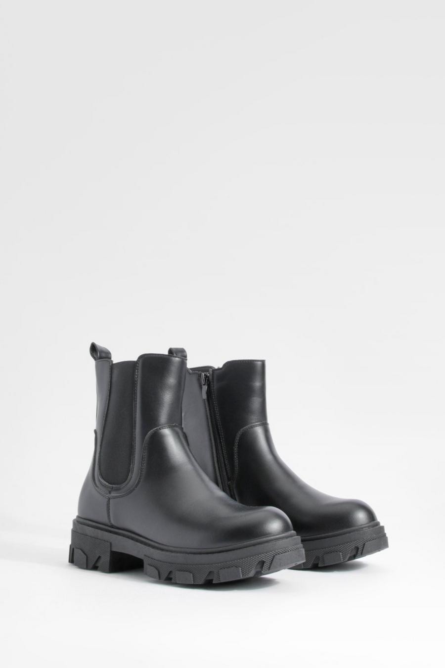 Black Chunky Cleated Sole Chelsea Boots    