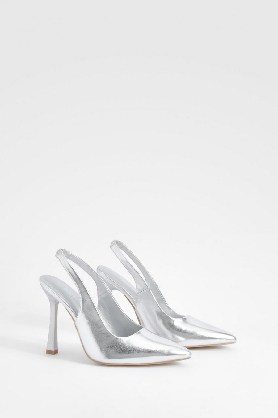 Silver Wide Fit Slingback Court Shoes  image number 1