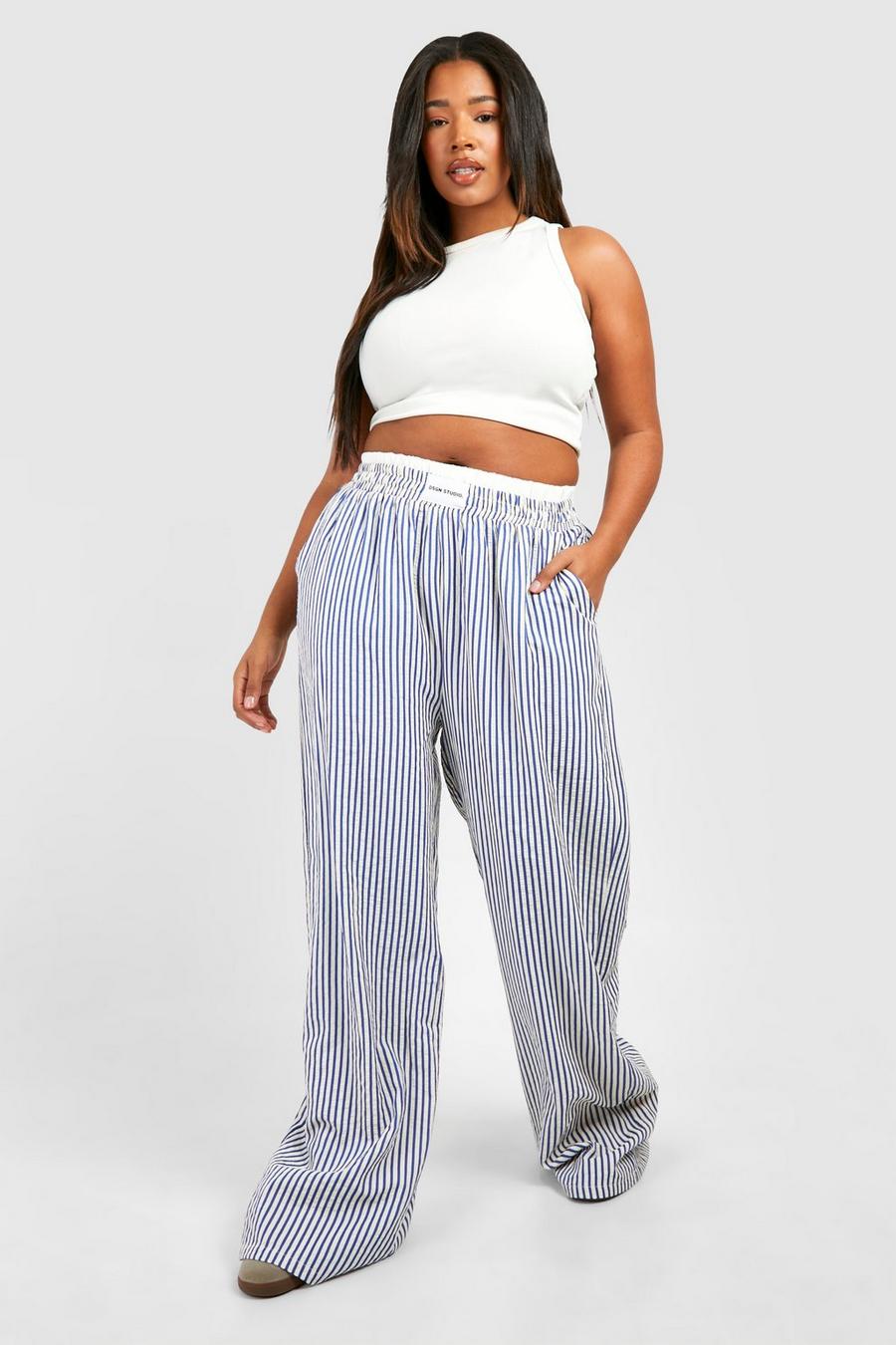 Blue Plus Contrast Dsgn Waistband Detail Stripe Trousers  image number 1
