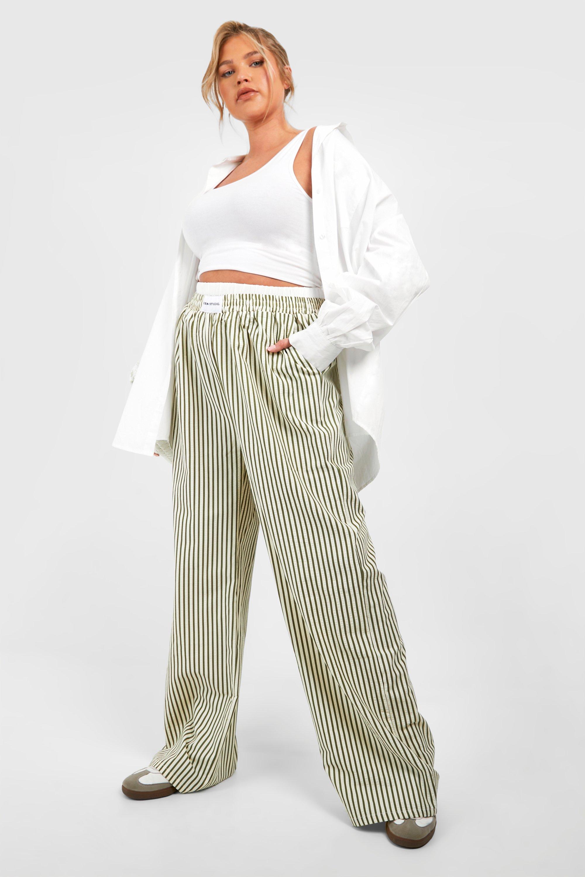 Green and white striped trousers online