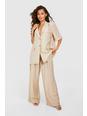 Taupe Textured Crinkle Relaxed Fit Wide Leg Trousers