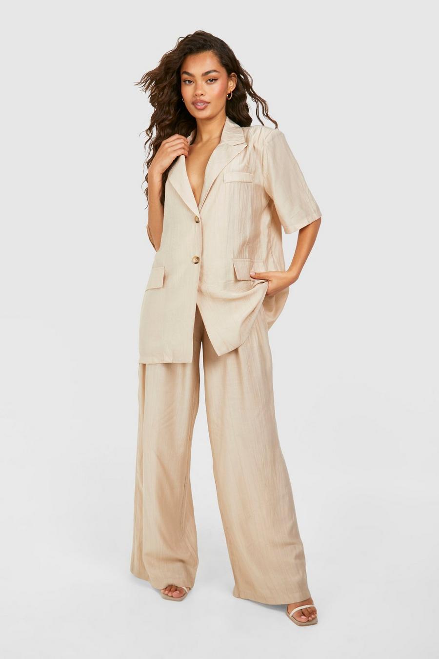 Taupe Textured Crinkle Relaxed Fit Wide Leg Trousers image number 1