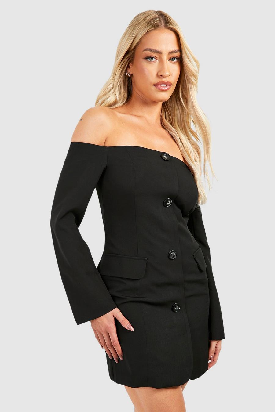 Black Off The Shoulder Button Front Blazer Dress image number 1