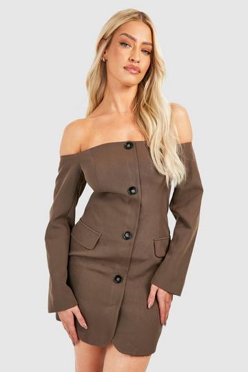 Chocolate Brown Bardot Button Front Blazer Dress