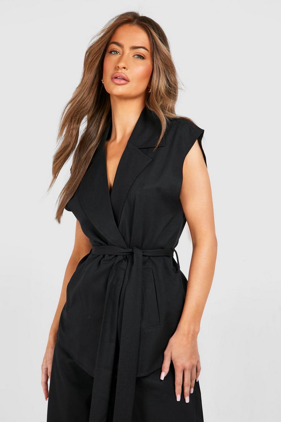 Black Linen Look Tie Waist Relaxed Fit Sleeveless Blazer