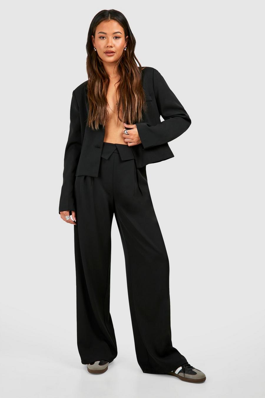 Black Fold Over Waistband Fluid Wide Leg Trousers image number 1