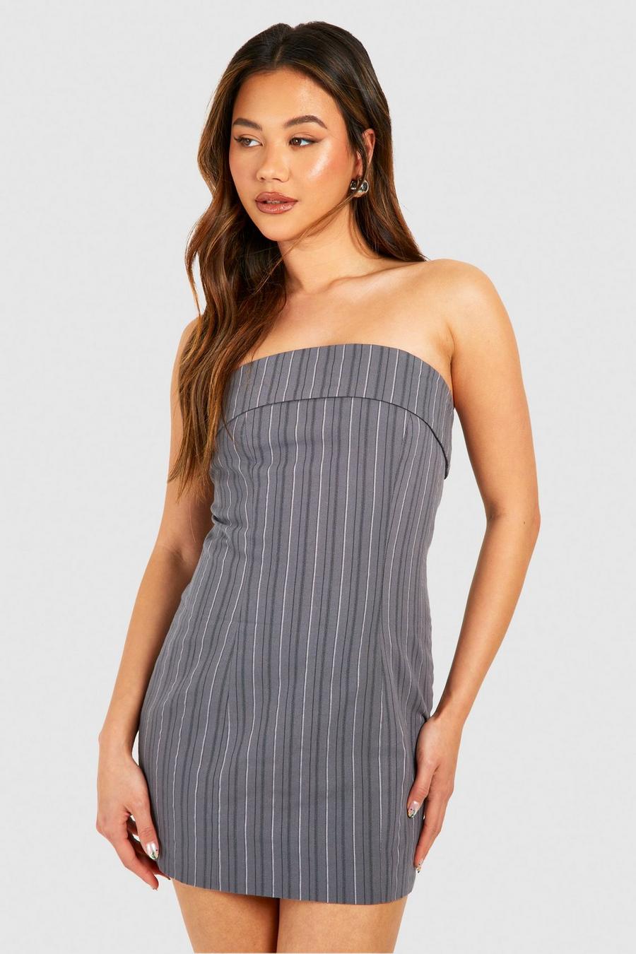 Charcoal Pinstripe Bandeau Mini Dress