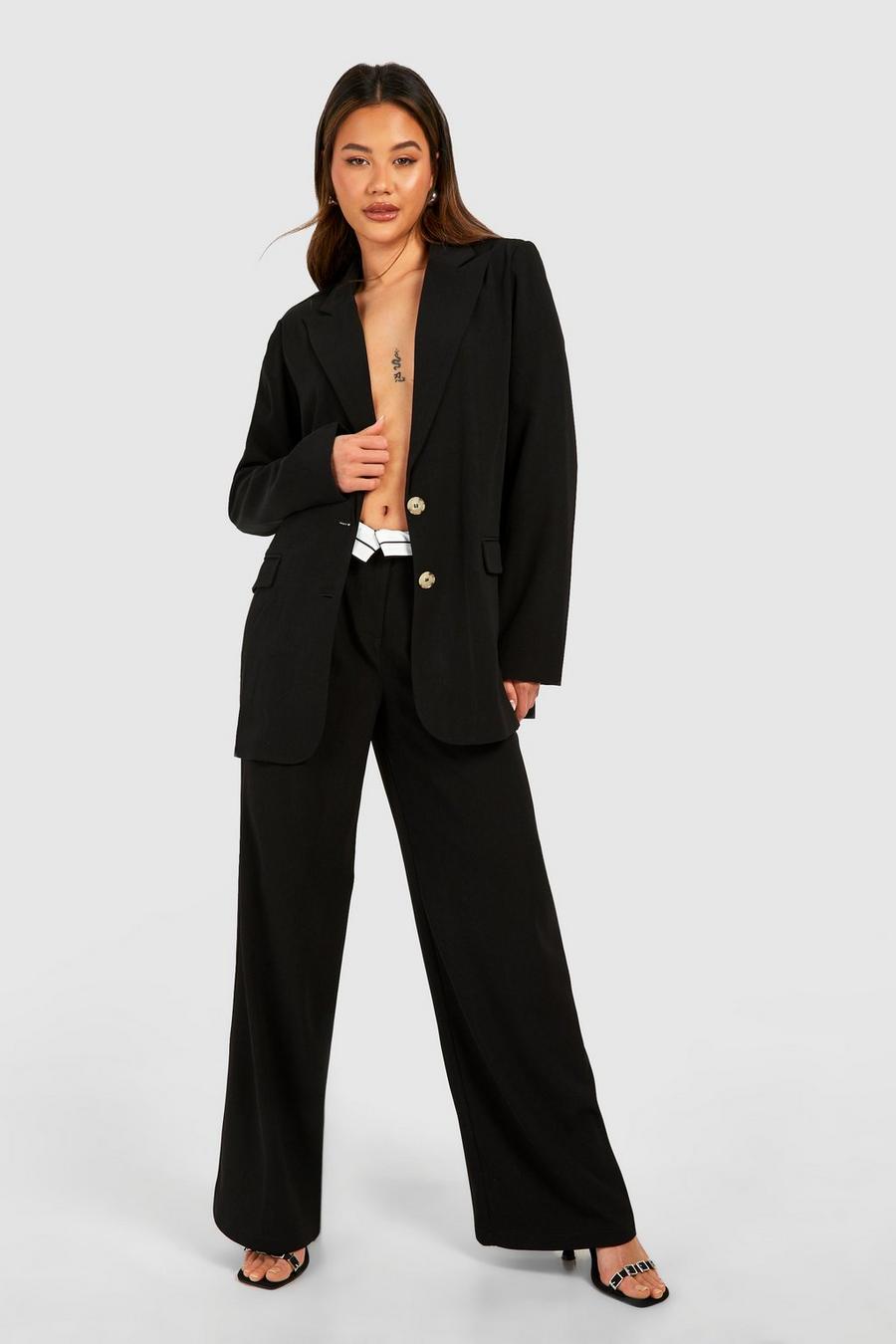 Black Contrast Waistband Wide Leg Tailored Trousers