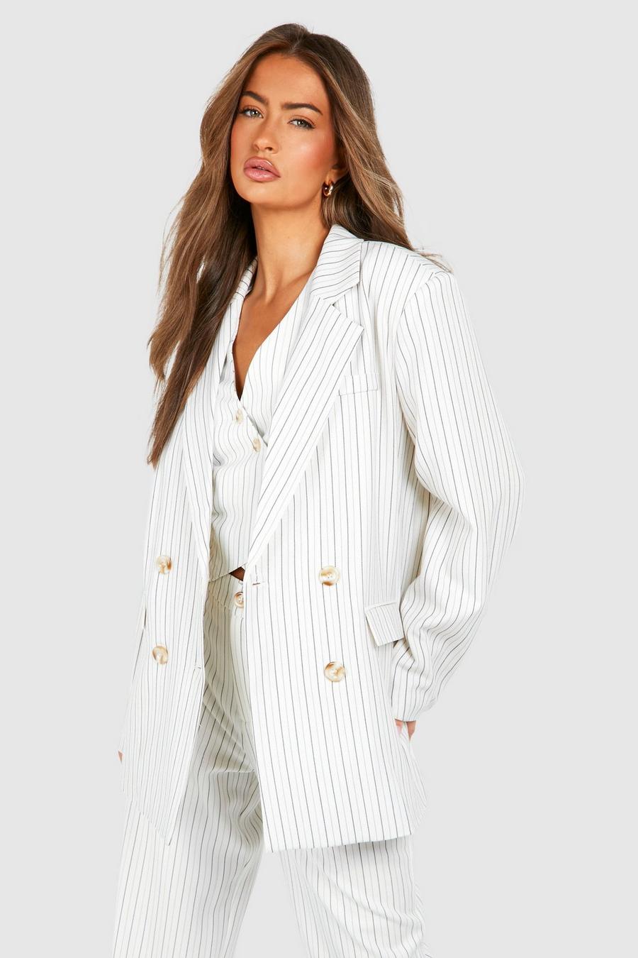 Ivory Linen Look Pinstripe Relaxed Fit Blazer image number 1